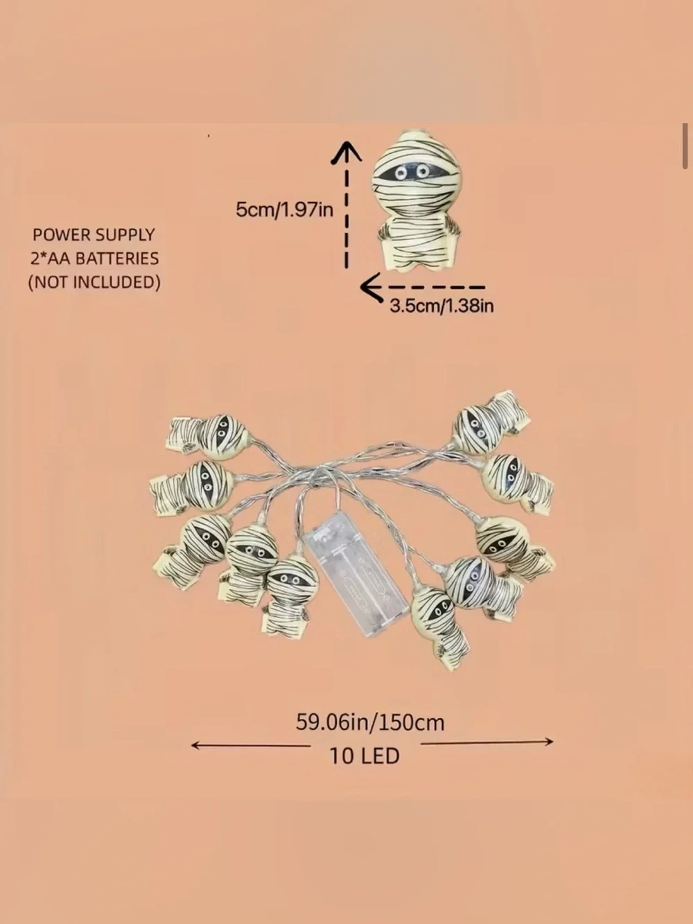 Halloween Mummy String LED Lights - Warm Yellow